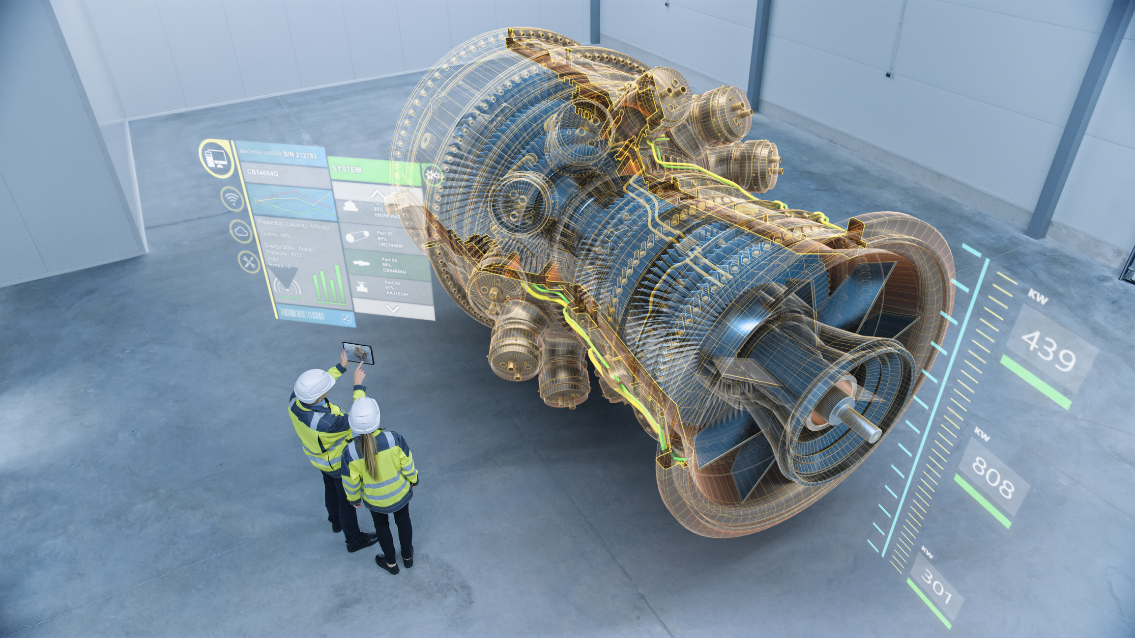Industry  Two Engineers Standing and Talking in Factory Workshop with  Augmented Reality 3D Model Concept of Giant Turbine Engine. Graphics  Visualization. High Angle Shot. VFX Special Visual Effects - RoboDK blog